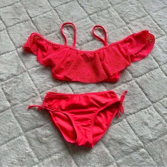 Xhilaration | Neon Coral Lace Ruffle Bikini Swimsuit Set | Size Medium (7/8) - Picture 2 of 8